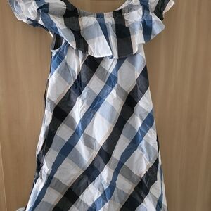 Joe Fresh Blue and White Plaid Off-Shoulder Dress